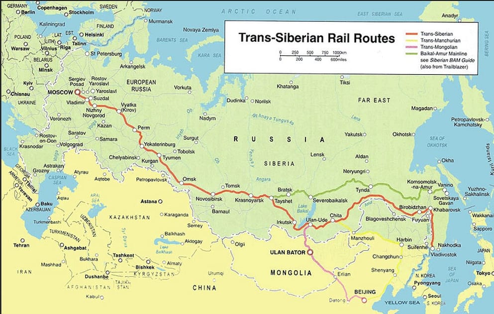 Map, trans siberian railway
