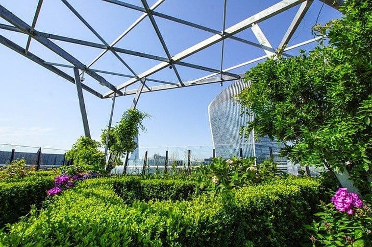 a park on a rooftop terrace of a business building